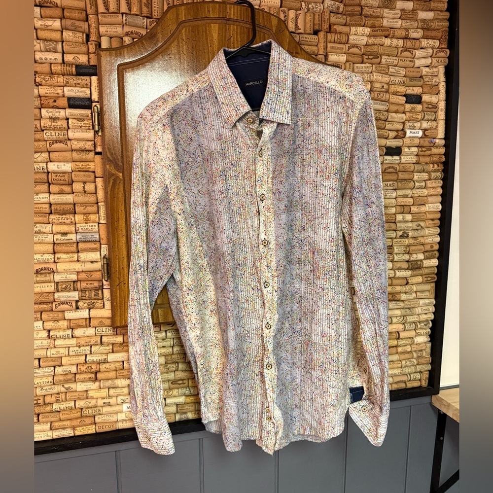 Marcello Sport abstract color splat 100% cotton button down shirt size XL.